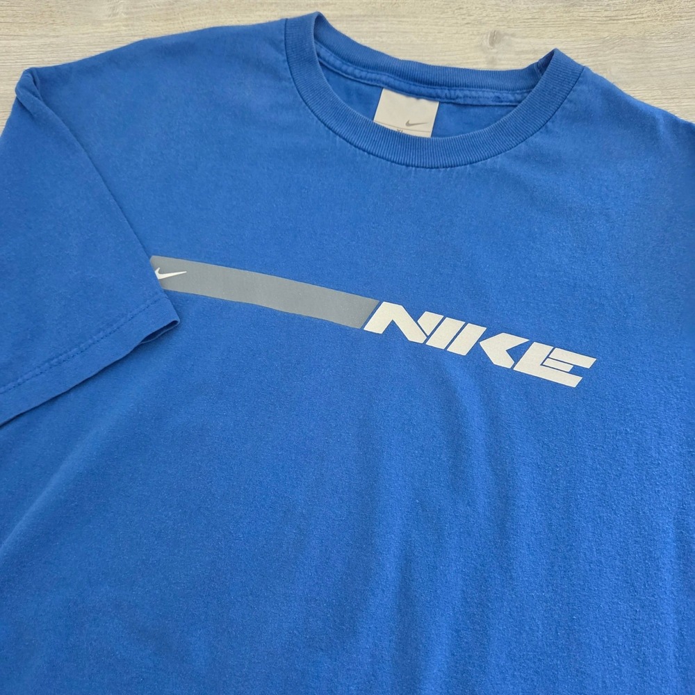 Vintage Nike T-Shirt Blue Graphic Logo Bar Swoosh Mens XL Y2K